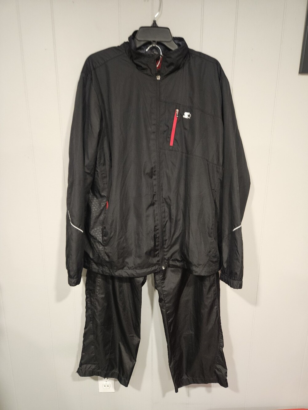 Starter Mens Windbreaker Track Suit Large Jacket & Medium Pants Black Pockets